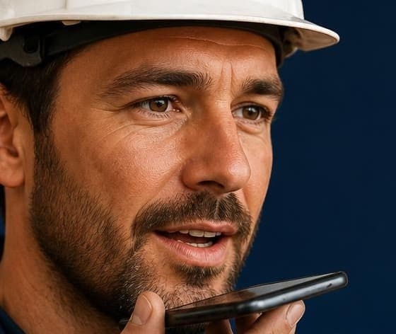 Artisan BTP dictant son devis à voix haute sur son téléphone