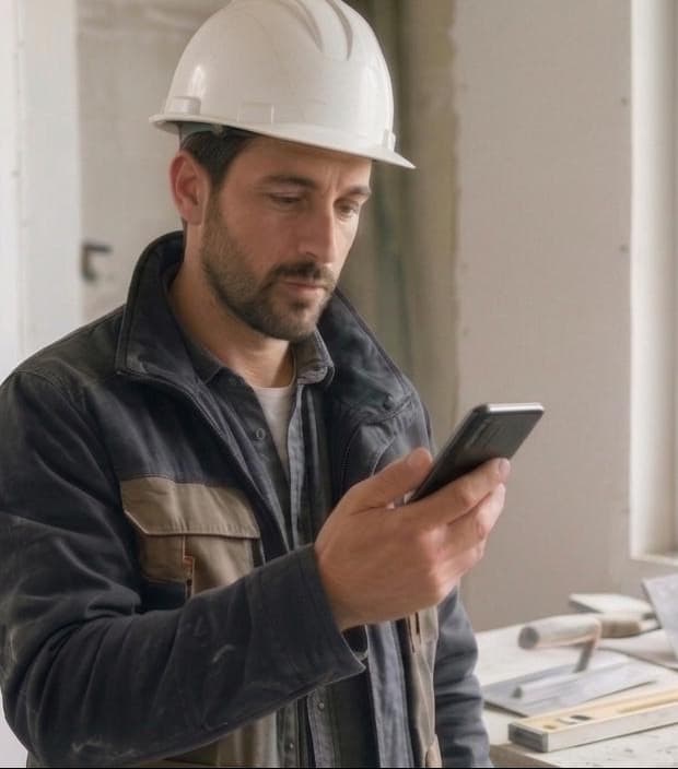 Artisan BTP sur son chantier consultant un devis Oradevis sur son téléphone