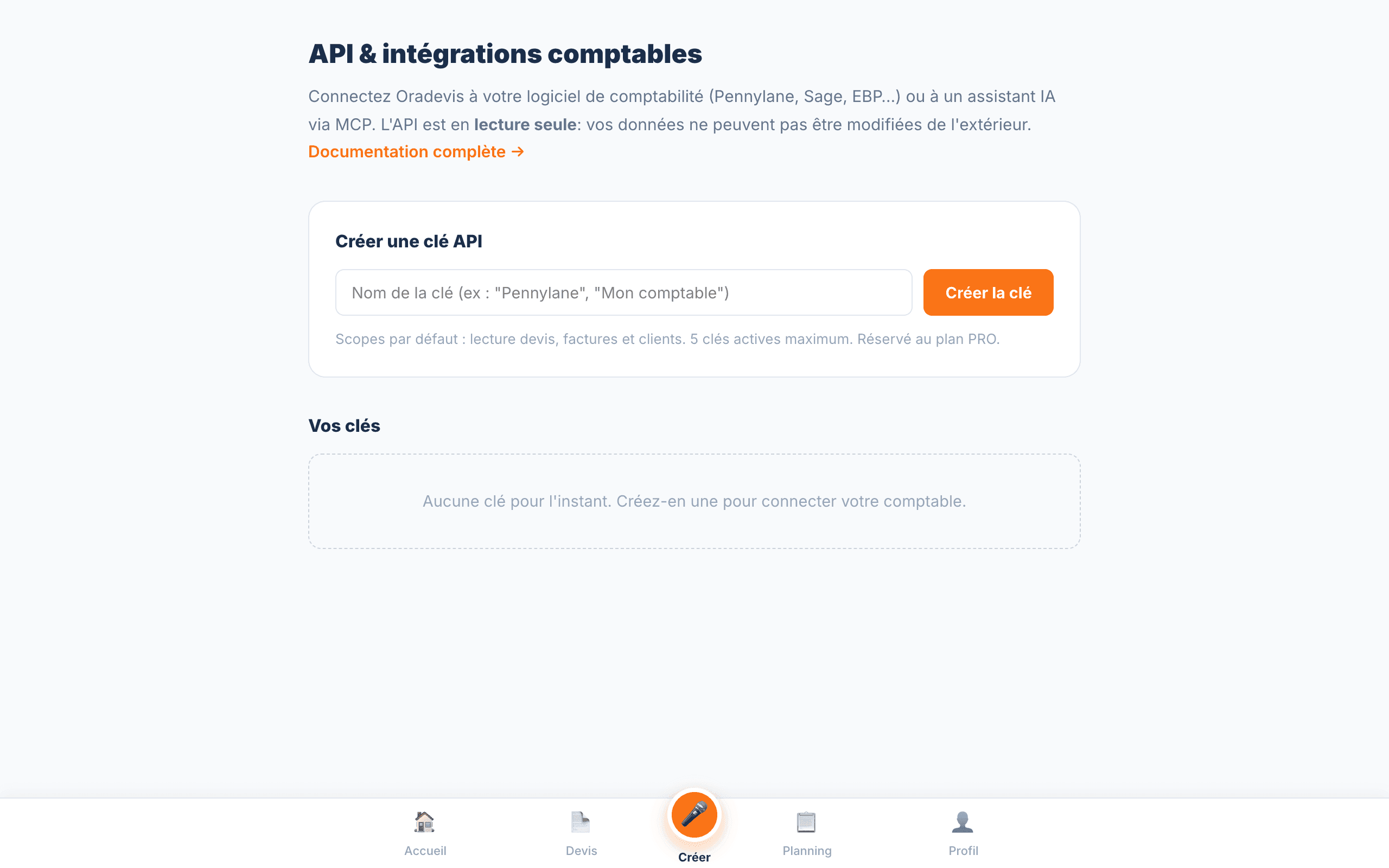 Page « API & intégrations comptables » du dashboard Oradevis : formulaire « Créer une clé API » avec champ de nom et bouton orange « Créer la clé », section « Vos clés » encore vide